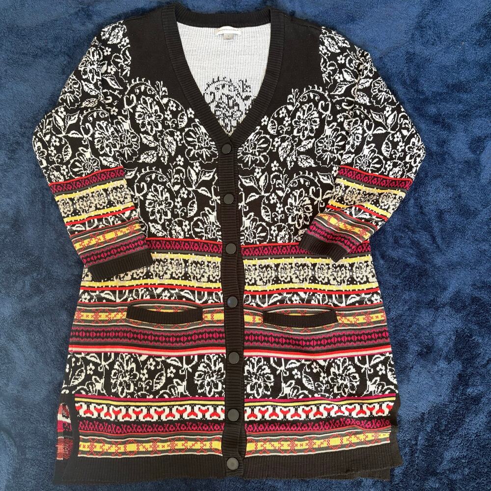 Christopher & Banks M Longline Cardigan Black White Floral Boho Pockets